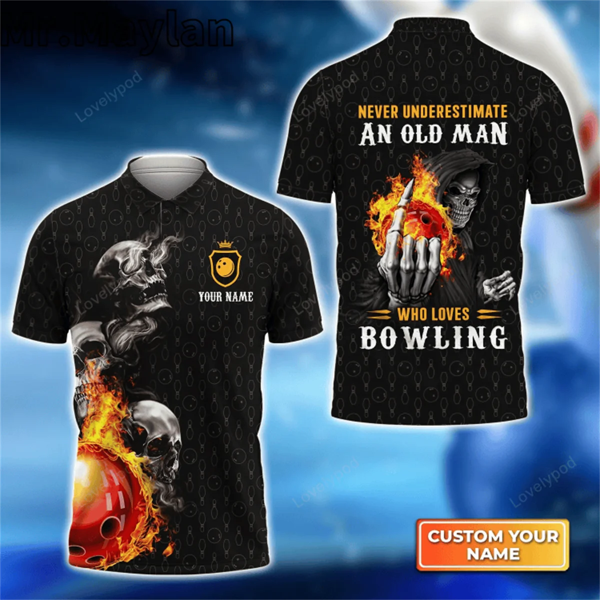 Bowling Skull Never Underestimate An Old Man Who Loves Bowling Personalized Name 3D Polo Shirt For Men Gift For Bowling Players
