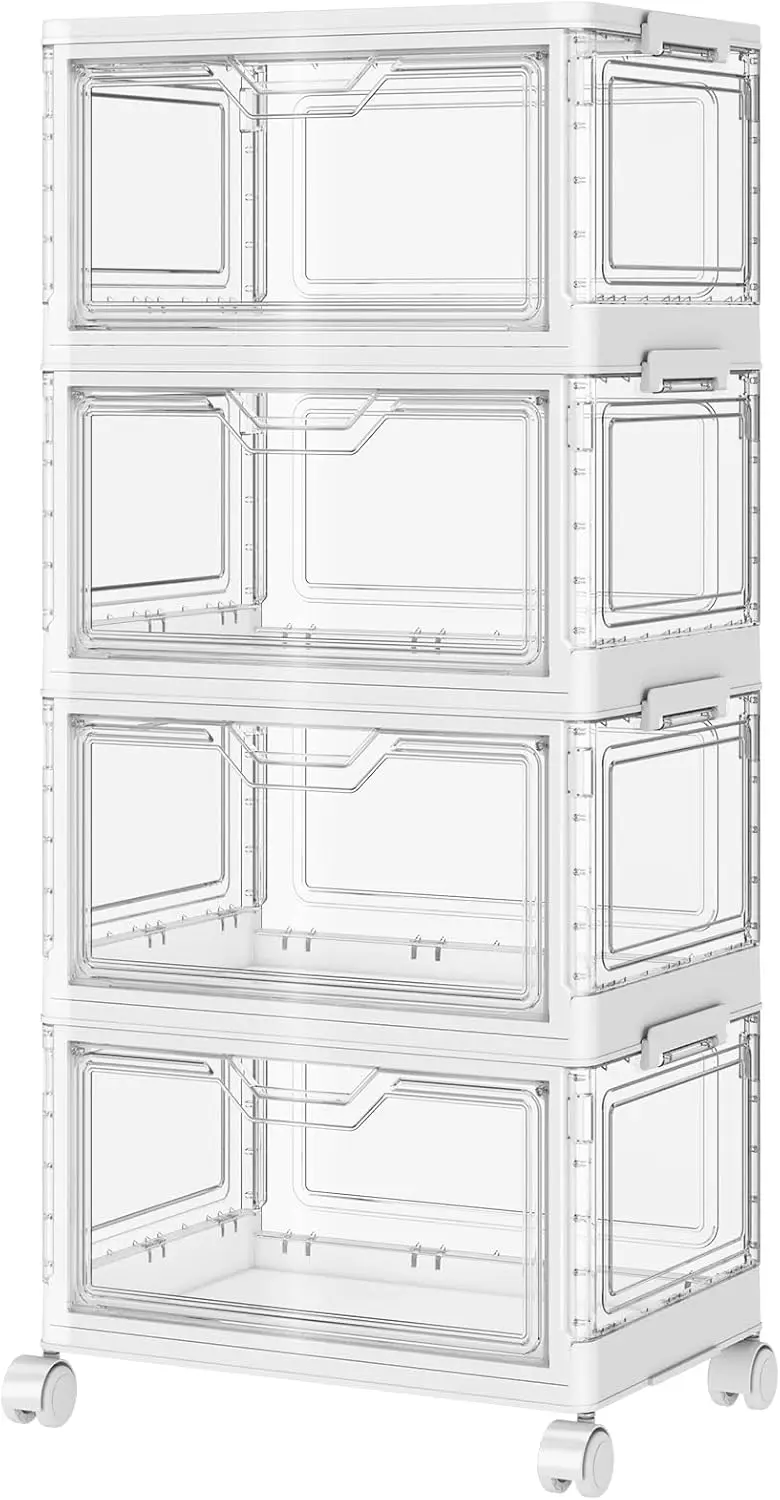 

Portable Clear Storage Bins with Lid & Wheels, 24QT Clear Storage Bins with Lid, 4-Tier Plastic Bins with Wheels, Stacka