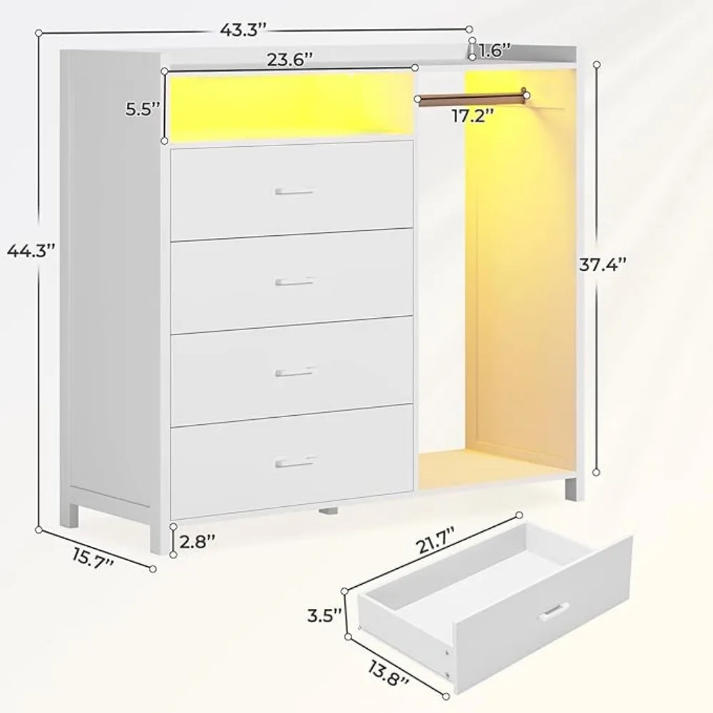 Dresser for Bedroom with Clothes Rail, Chest of 4 Drawers with LED Lights,Open Storage Space for Bedroom Entryway,Large Capacity