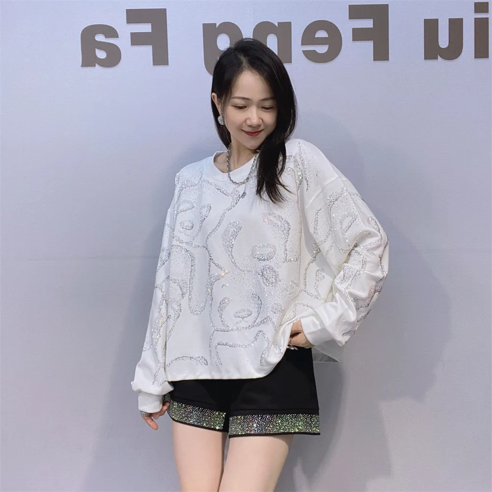 Women's Rhinestone Round Neck Short Sweatshirt Autumn Winter New Fashion Versatile Loose Casual Cartoon Long Sleeve Top