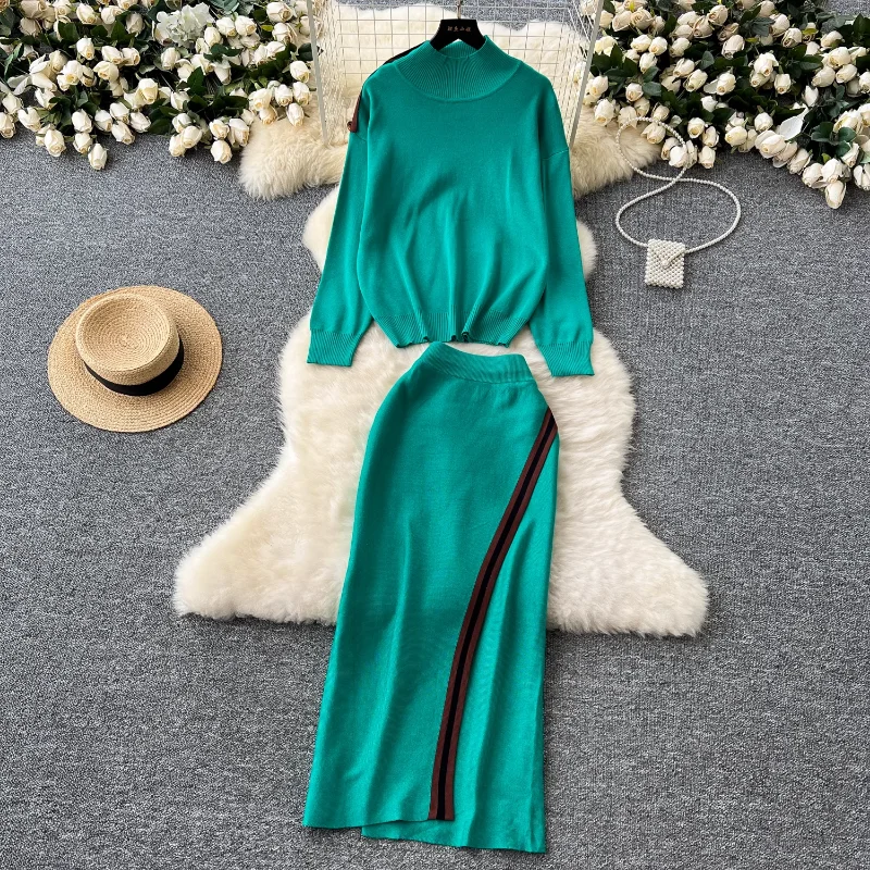 REALEFT Autumn Winter 2 Pieces Women\'s Sets Knitted Tracksuit Stand Collar Sweater and Sheath Wrap Skirts Suits 2024 New