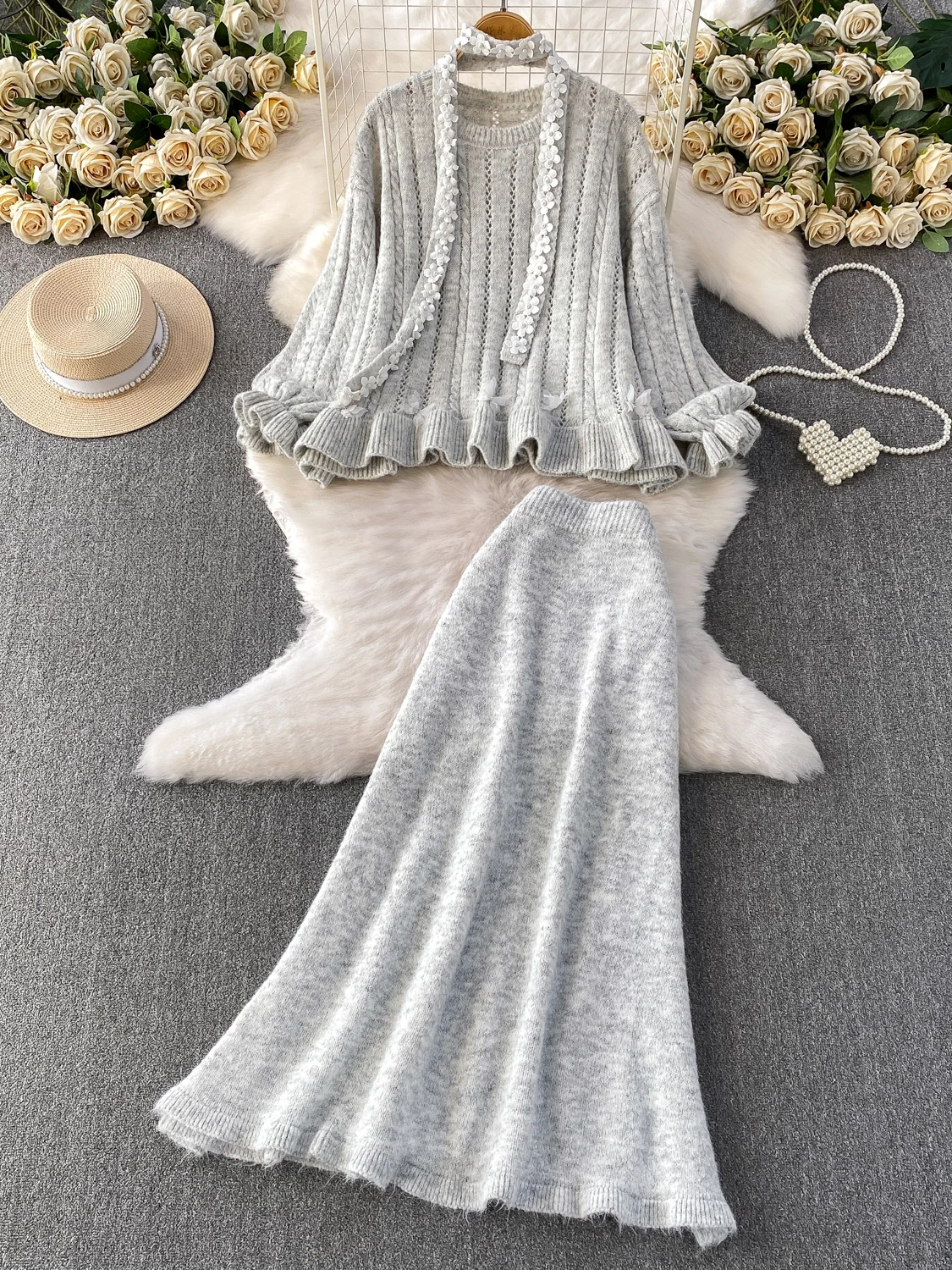 مجموعة من قطعتين من سترة الخصر المكشكشة والمحبوكة من Ele ثقيلة الوزن مع تنورة مكونة من قطعتين للنساء #1