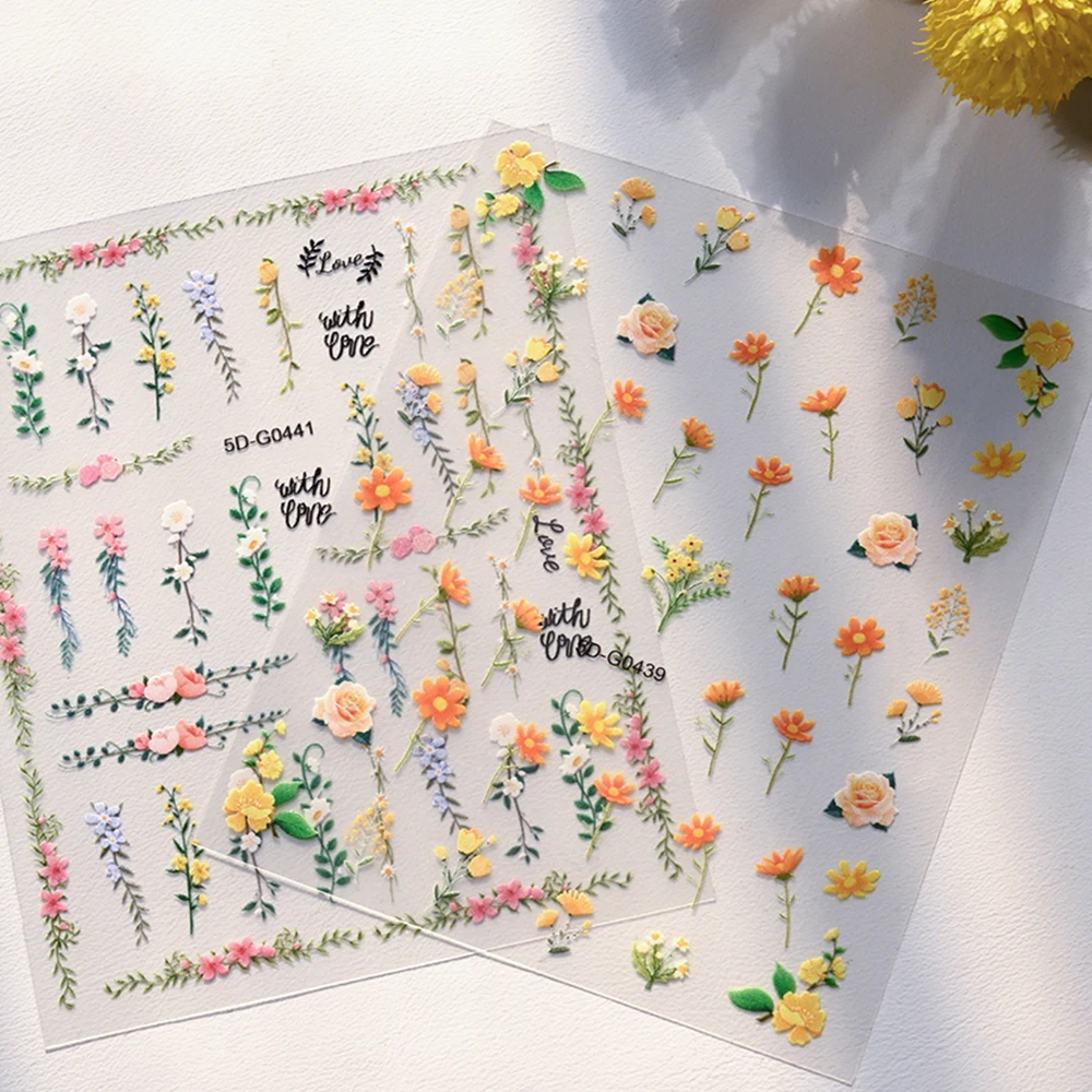 1개입 정교한 식물 꽃 네일 아트 데칼 5D 오렌지 빈티지 플로럴 네일 스티커 DIY 식물 핸드북 매니큐어 스티커 장식
