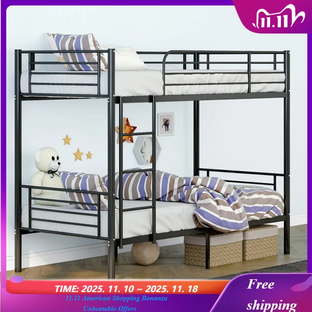 إطار سرير مزدوج فوق توأم، إطار سرير معدني بطابقين شديد التحمل مع حاجز حماية وسلم، موفر للمساحة، خالي من الضوضاء #1