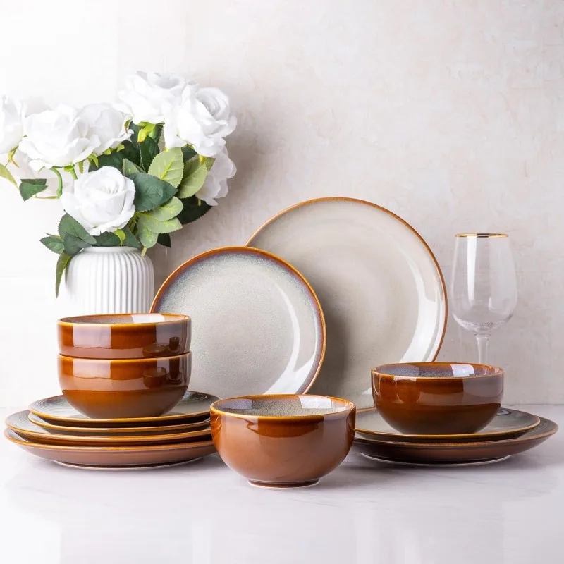 Dinnerware Sets,Stoneware Coupe Plates and Bowls Sets,Highly Chip and Crack Resistant