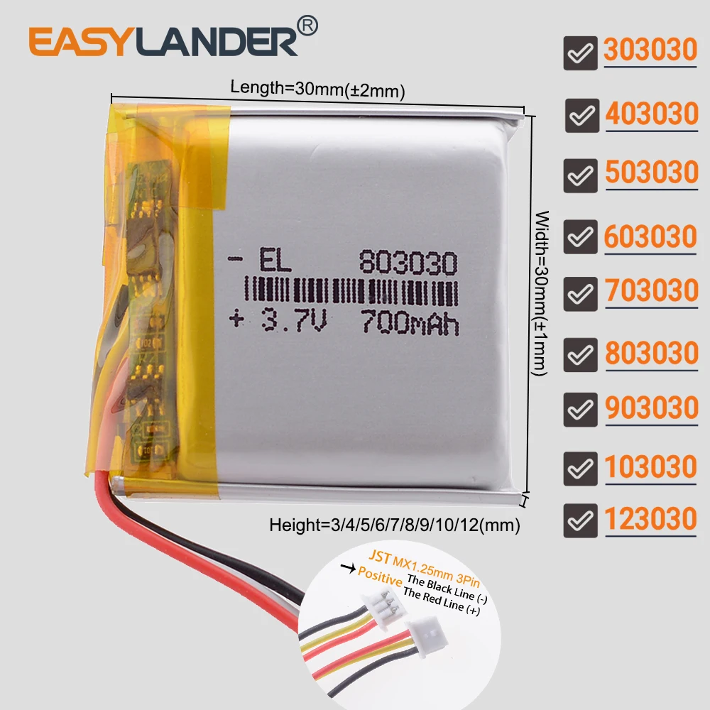MX1.25mm 3Pin 703030 803030 903030 103030 503030 3.7V 500mAh 303030 403030 603030 Lithium Li-ion Polymer Battery Lipo Batteries