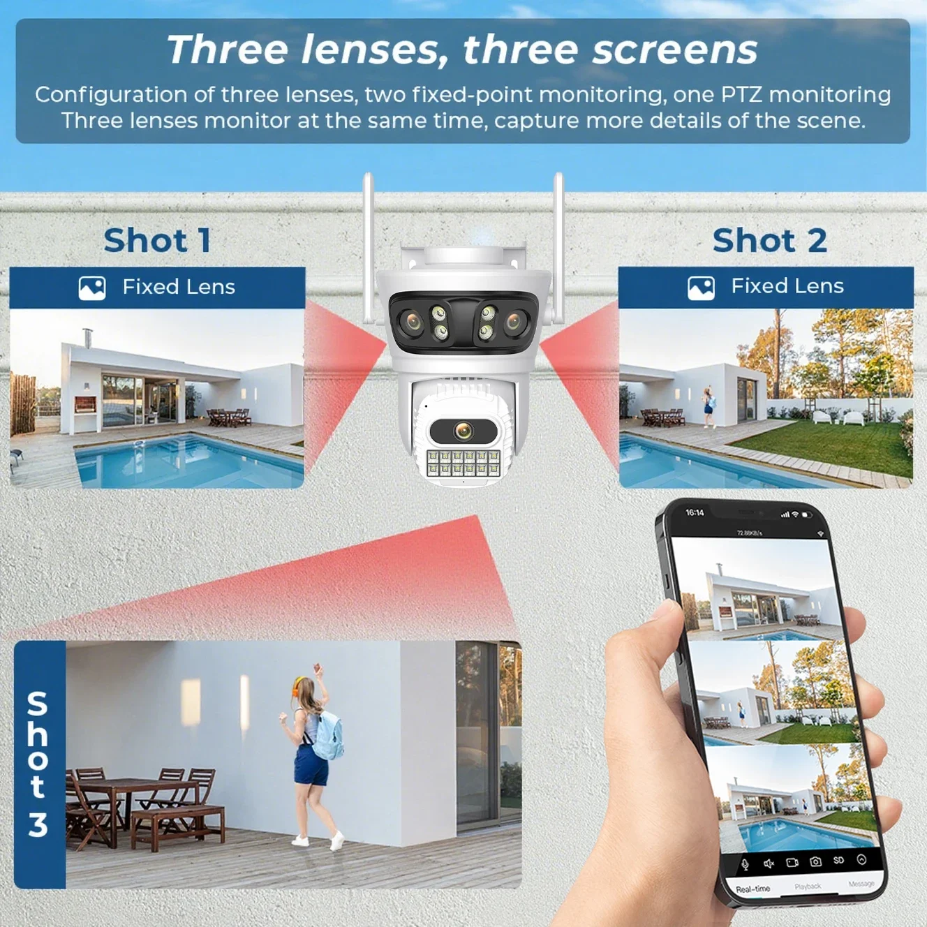 كاميرا واي فاي خارجية 12 ميجابكسل 6K ICsee ثلاث شاشات كاميرا مراقبة للرؤية الليلية زاوية رؤية واسعة للغاية كاميرا أمان بانورامية