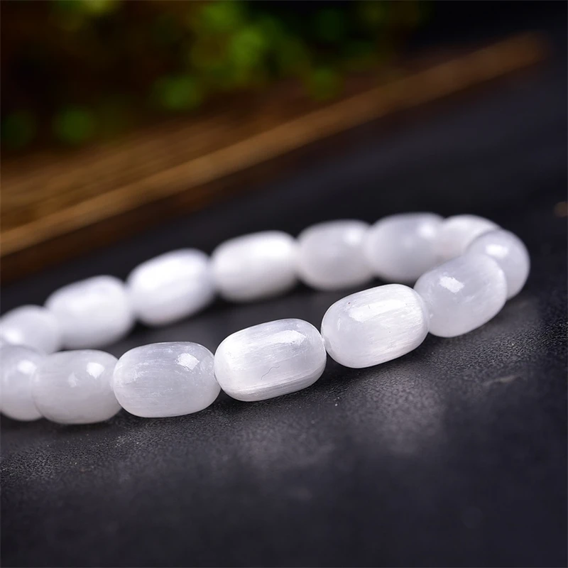 Natural Aura Cat Eye Selenite Bucket Bead Bracelet Energy Healing Fengshui Yoga Elastic Couple Jewelry Gift 1PCS 8X12MM