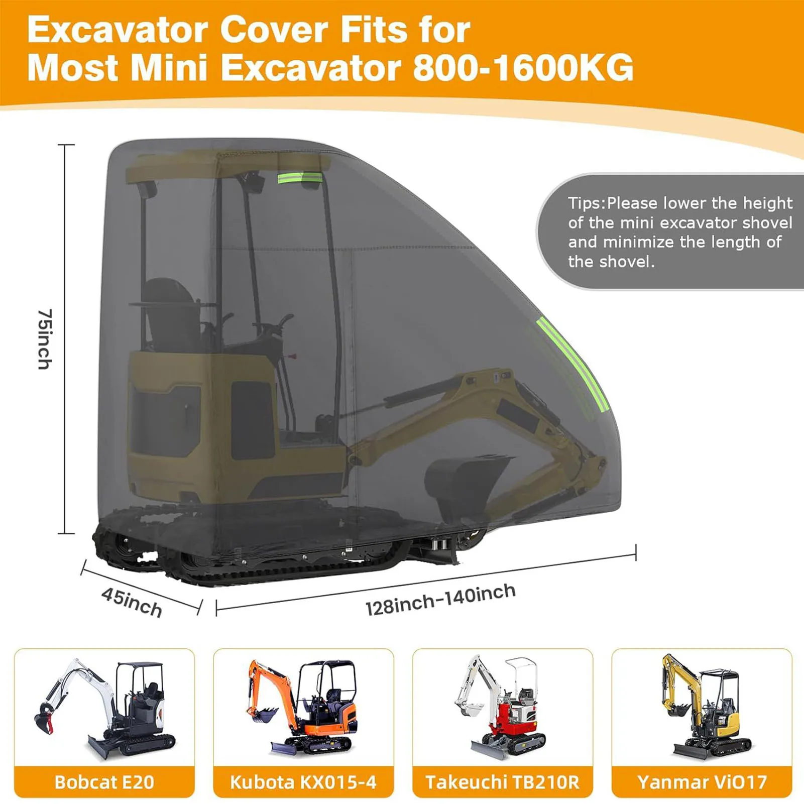 Mini Excavator Cover Fit for Bobcat E20 1760-3530lbs Water Proof 210D Oxford Fabric Zippered Exterior Accessories Black