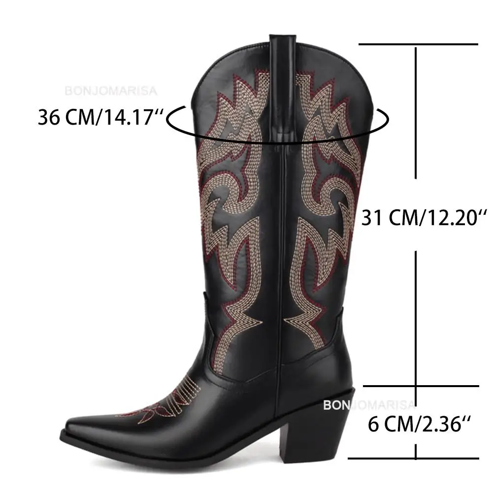 Cowgirl Boots Women Embroidery Knee High mid Calf Cowboy Boots Slip On Pointed Toe Candy Color Fashion Shoes Winter Western