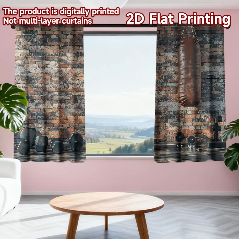 

2D flat printing 2pcs Scene Curtains Brick Wall Gym Setting Digital Printed Polyester Drapes Festive Curtains Use for Holiday