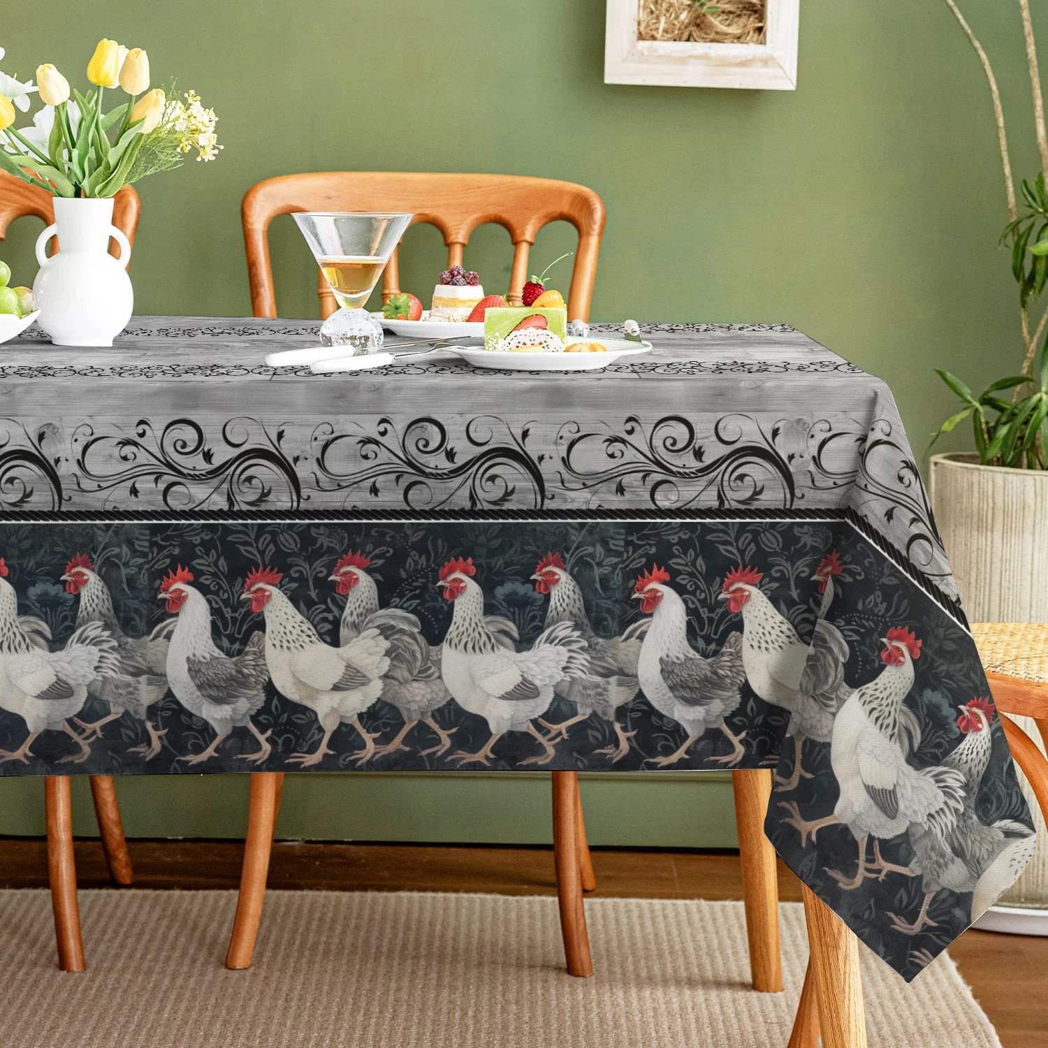 Farm Chicken Watercolor Household Anti-fouling Tablecloth Rectangular Coffee Table Waterproof and Oil-proof Fabric Mantel Mesa