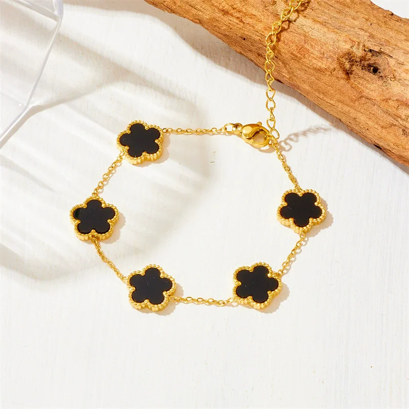 Adjustable Gold-Plated Stainless Steel Plant Flower Bracelet With Five Leaf Petals Women's Luxury Gifts Clover