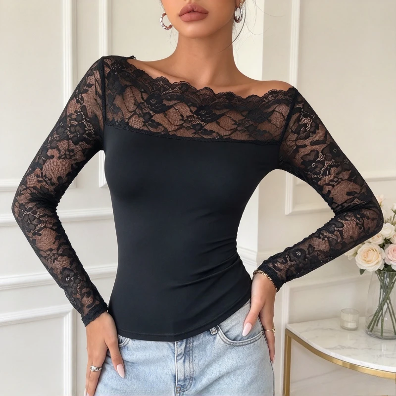 2026 Autumn Women Boat Neck Lace Patchwork Long Sleeve T‑shirt Sexy Slim Fit Elegant Y2K Chic Party Daily Versatile Basic Top