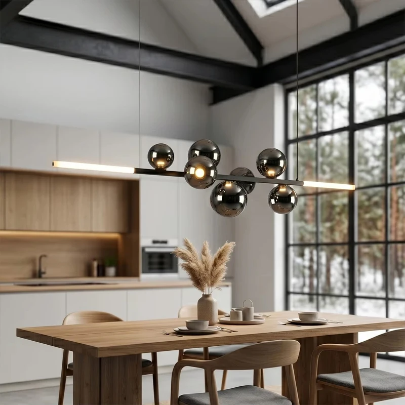 Modern Linear Glass Globe Chandelier Led Kitchen Island Light Scattered Bubbles Acrylic Glow Ends Contemporary Black Dining Room