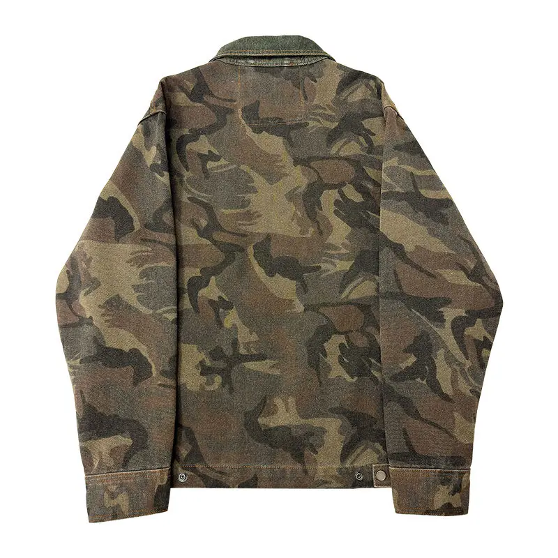 American Detroit high street trendy brand camouflage denim washed retro lapel jacket tooling jacket baseball man