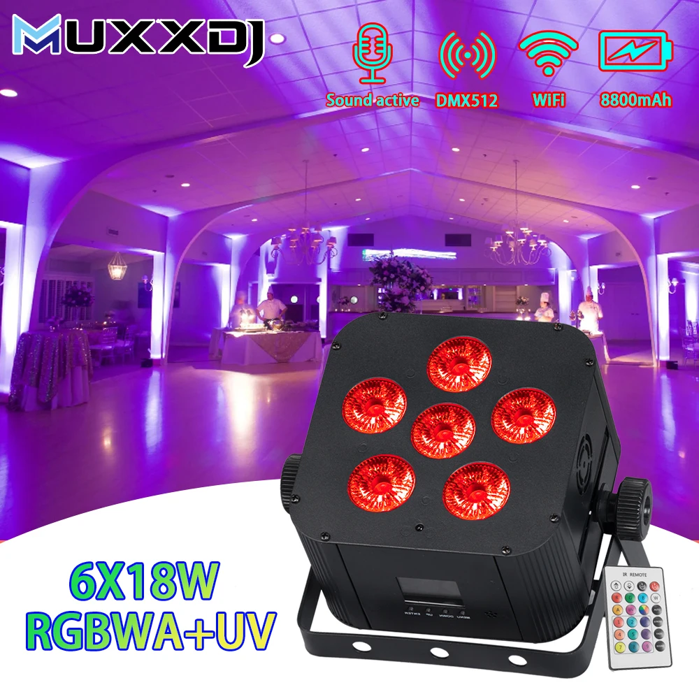 

MUXXDJ Беспроводной DMX 6*18 Вт RGBWA + УФ 6в1 Мощность аккумулятора 8800 мАч Свадебный светильник Dj Lights Сценический эффект