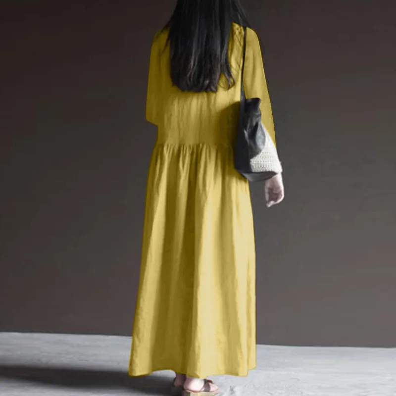 Elegant Solid Color Cotton Linen Long Dress For Women Spring Autumn Casual V Neck Full Sleeve Maxi Dresses Simple Robe Femme