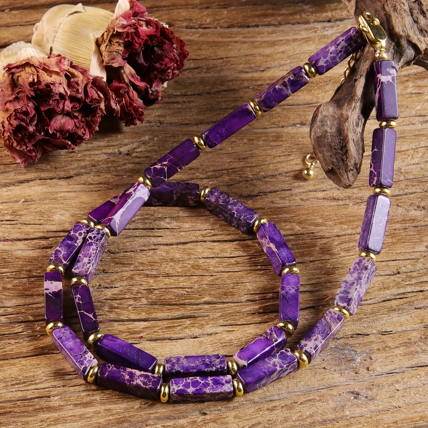 Luxury Natural Purple Imperial Stone Beaded Necklace Gold Spacer Charm Fashion Women Party Jewelry Gift