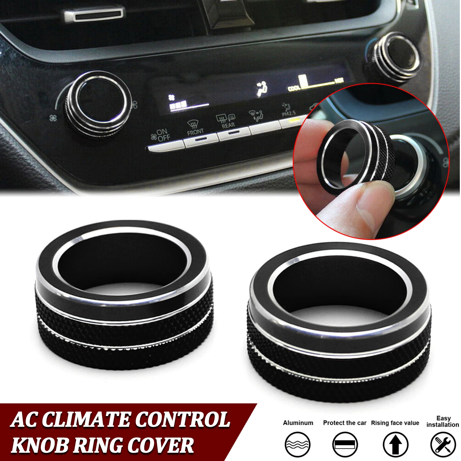 

2x Black AC Climate Control Switch Knob Surrounding Ring Cover Frame Sticker For Toyota Corolla Sedan 2020-up Hatchback 2019-up