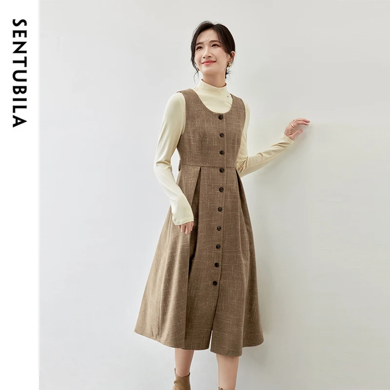 SENTUBILA Elegant Winter Sleeveless Tweed Dresses Women 2024 Crew Neck Button Down Front Fitted Midi Dress Woman 144L56900