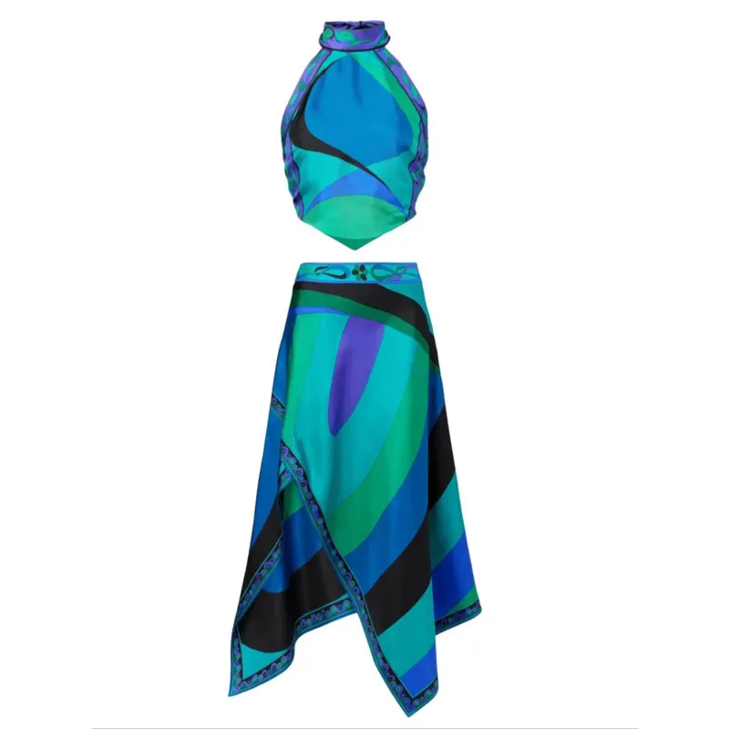 Jupe deux pièces imprimée, col licou, Sexy, robe de plage, soutien-gorge, taille haute, ligne a, longue, costume, vacances d'été, ensemble bord de mer, U8VX, nouvelle collection