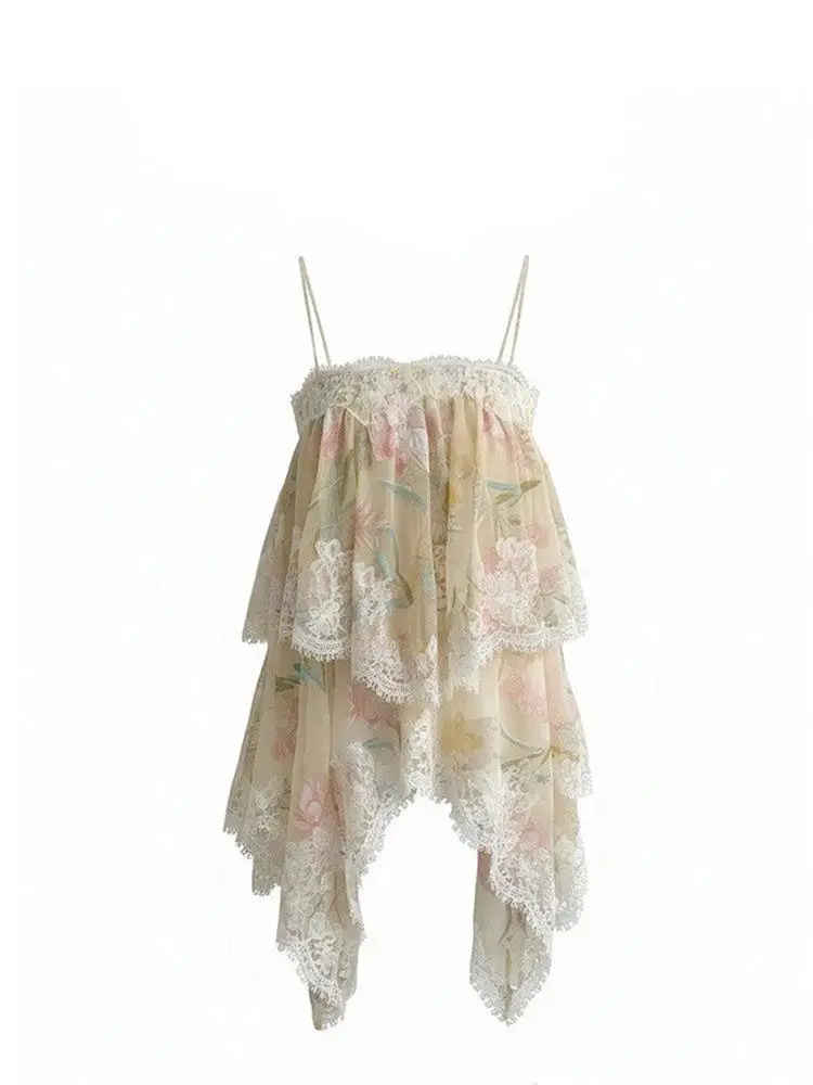 Design Sensation Lace Splicing Burned Flower Strap Top Women Summer Gentle Style Versatile Slimming Sleeveless Blouse