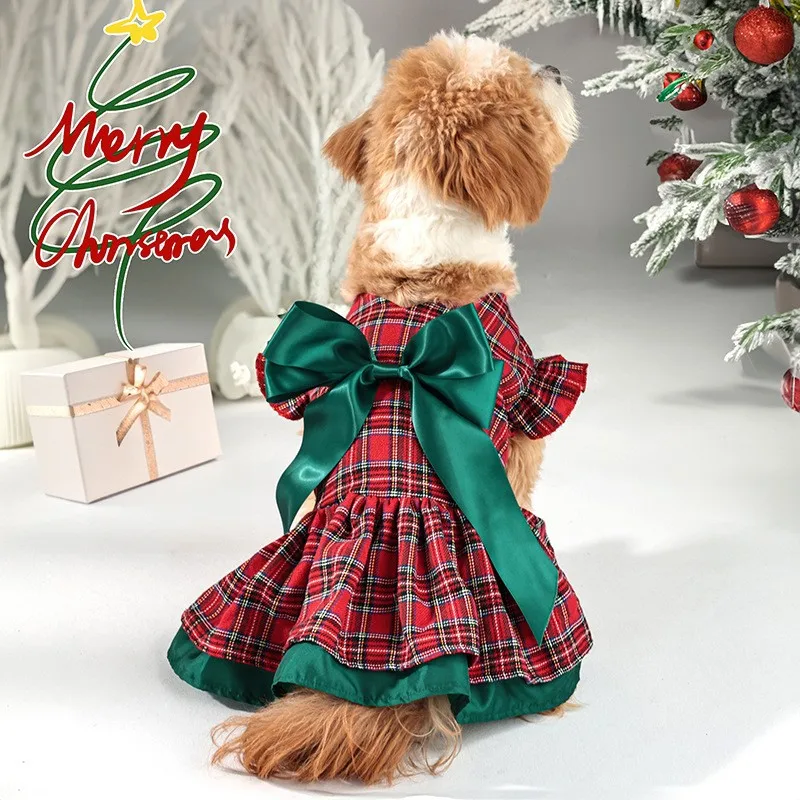 New Christmas Cute Pet Dog Clothes, Christmas Classic Plaid Skirt, Puppy Holiday Clothing, Lotus Leaf Sleeves