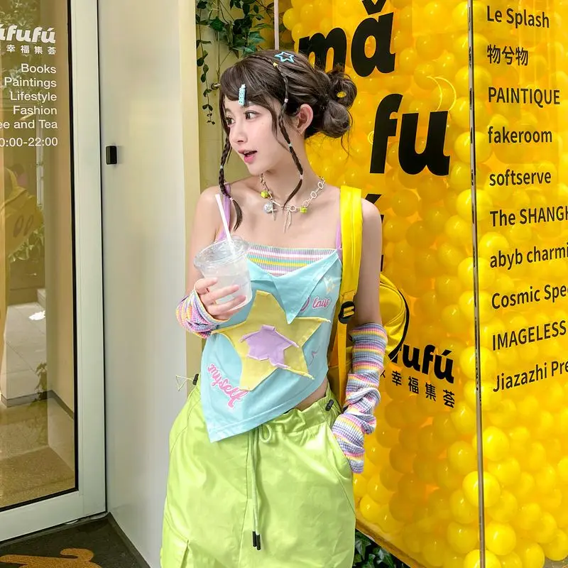 Fake Two Pieces Contrast Color Tank Top Bow Letter Star Patchwork Slim Tops Sweet Y2k Aesthetic Casual Fashion All Match Camis