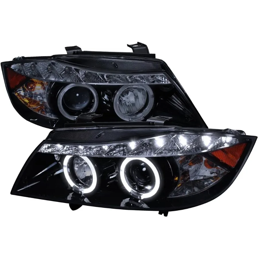 

Black Smoke Projector Headlights with Top LED Strip for 2006-2008 BMW E90 3-Series 4-Door Sedan Left and Right Pair Headlamp As