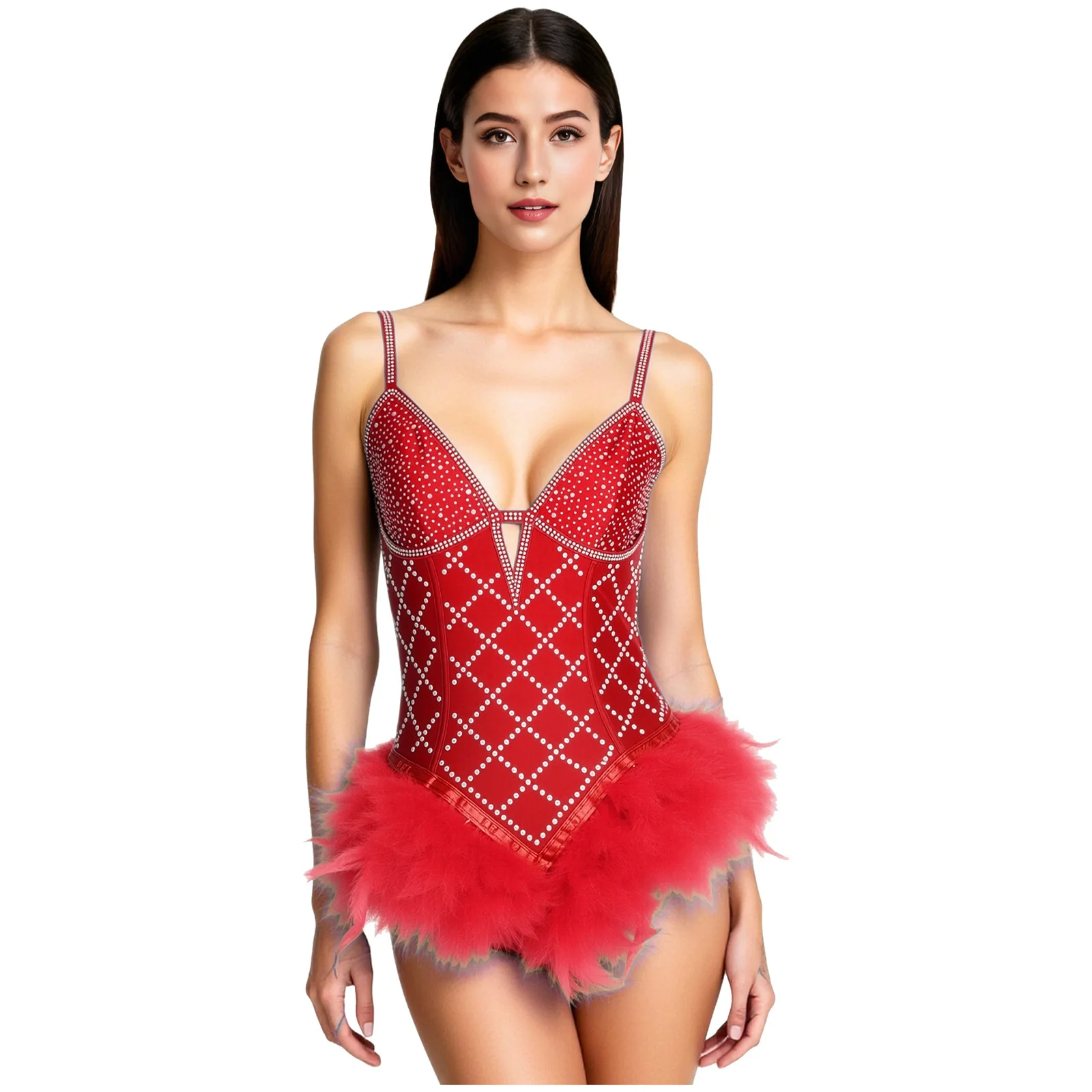 

Women Rhinestones Feather Leotard Tutu Ballet Gymnastic Dance Wear Adjustable Spaghetti Straps Backless Bodysuit for Performance