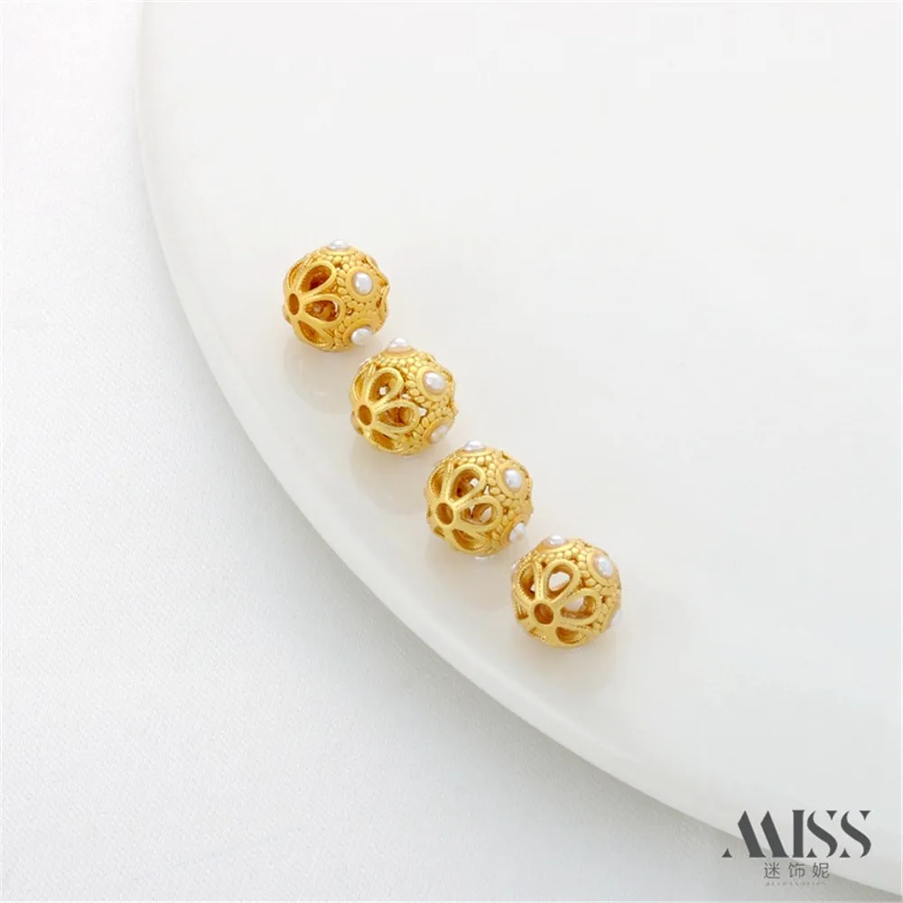 

18K Gold Matte Gold Hollow Inlaid Shell Beads Flower Ball Bead Diy Pearl Bracelet Necklace Loose Bead Flower Bead Accessories