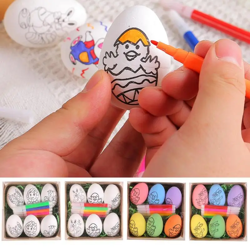 

Easter Egg Craft Kit 6 pcs Easter Eggs DIY Painting Kit Paintable Easter Egg Hunt Basket Stuffers with 6 Pens Kids Party Favor