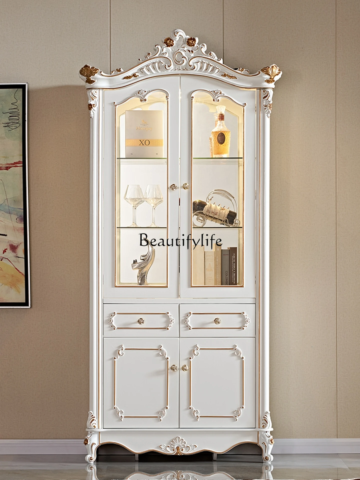 

European Style Wine Cabinet Living Room Wall-Mounted Double Door Glass Display Sideboard Home Decor French Red Wine Cabinet