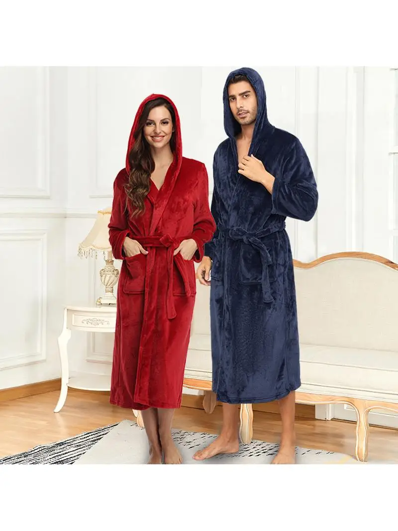 

Утепленный плюшевый халат с капюшоном для женщин, осенне-зимний, удлиненный, с поясом, парный, для сна, из полиэфирного волокна