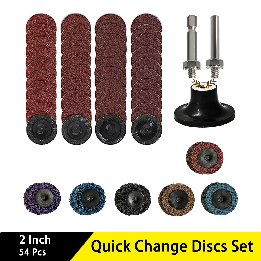 

2 Inch Quick Change Discs Set with 1/4" Holder 54 Pcs for Polishing Grinder Surface Prep Strip Grind Polish Finish Burr Rust