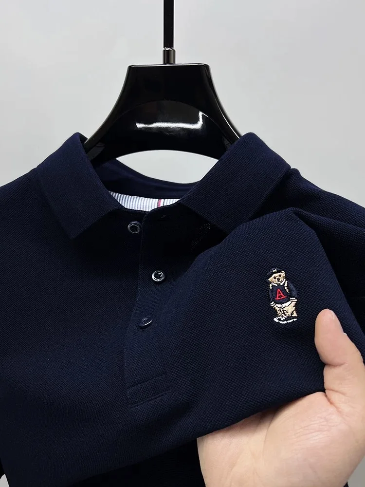 Fashion brand teddy bear embroidered short sleeve polo shirt high-end 100% pure cotton comfortable breathable men lapel T-shirt