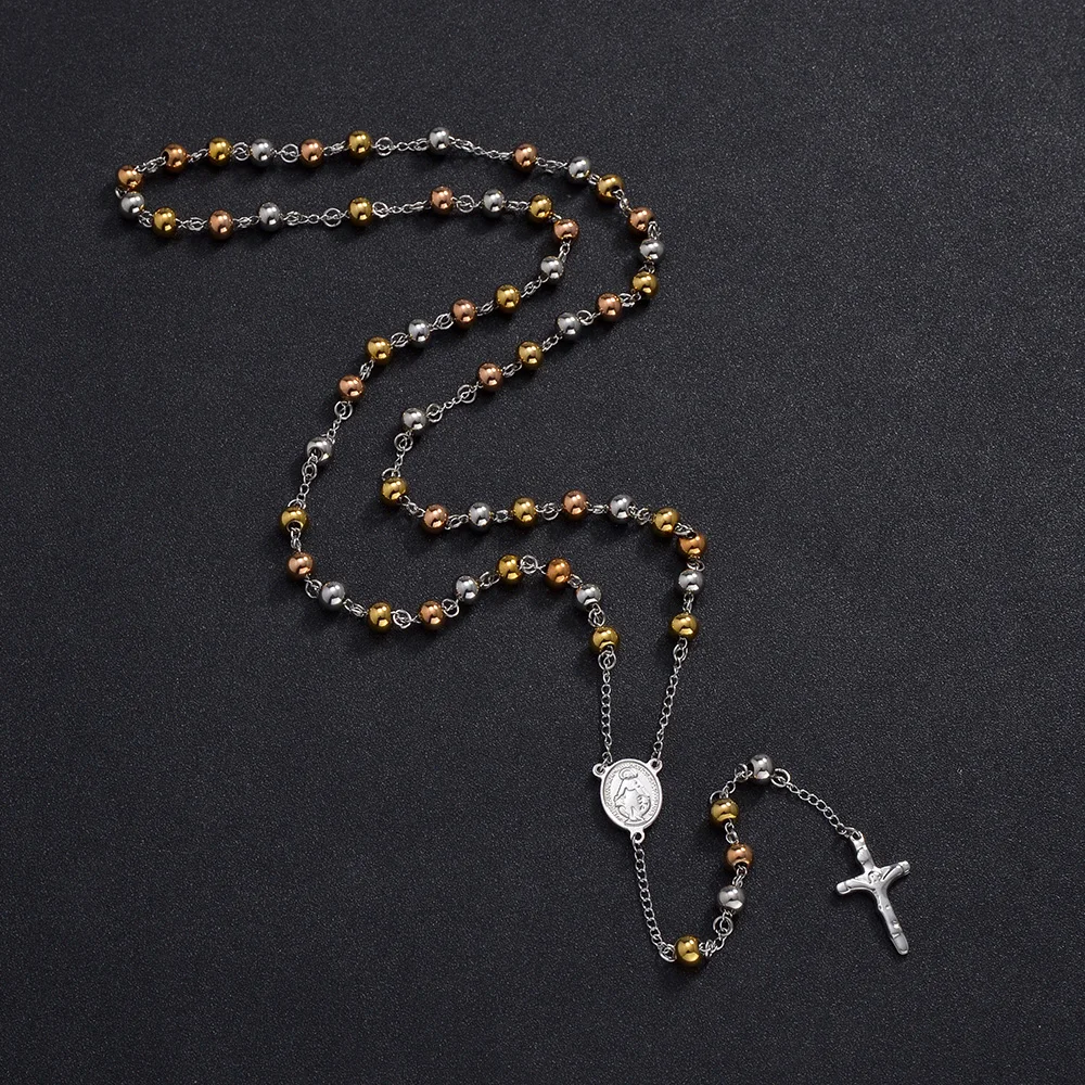 3/4/6mm Stainless Steel Religious Rosary Beads Necklace Saint Benedict Virgin Mary Christian Cross Pendants Faith Prayer Jewelry