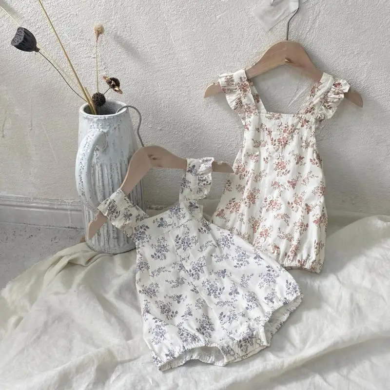 2026 Summer New Baby Girl Sleeveless Floral Bodysuit Cotton Infant Toddler Sweet Princess Strap Jumpsuit Newborn Clothes 0-24M