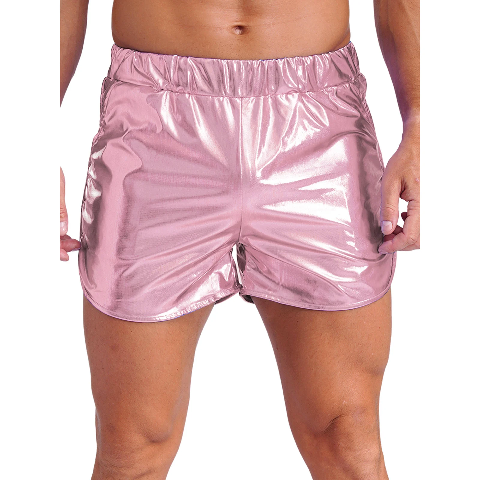 

Men Metallic Shiny Booty Shorts Party Nightclub Hot Pants Costume Elastic Waist Pockets Slim Fit Shorts for Bodybuilding Yoga