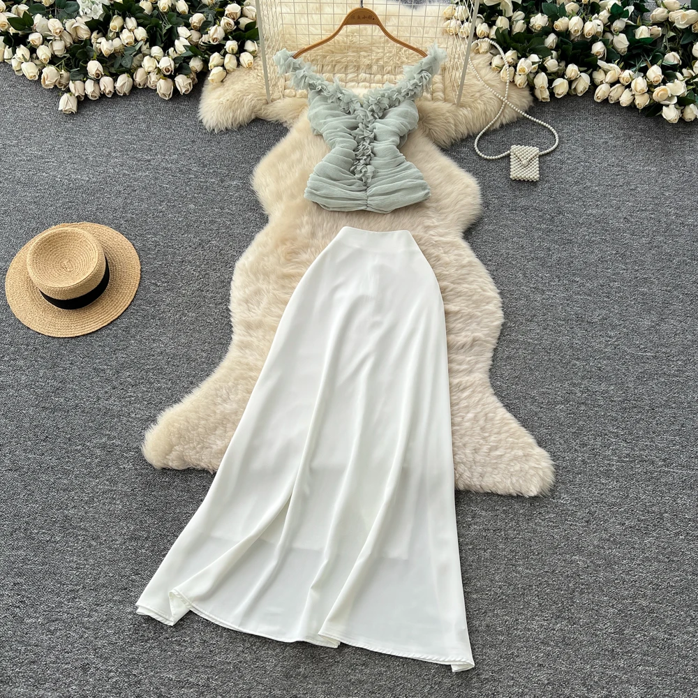 أنيقة خمر الساتان ثلاثي الأبعاد أنيقة عالية الخصر الكورية أزياء فيستدوس قطعتين مجموعة الملابس النسائية