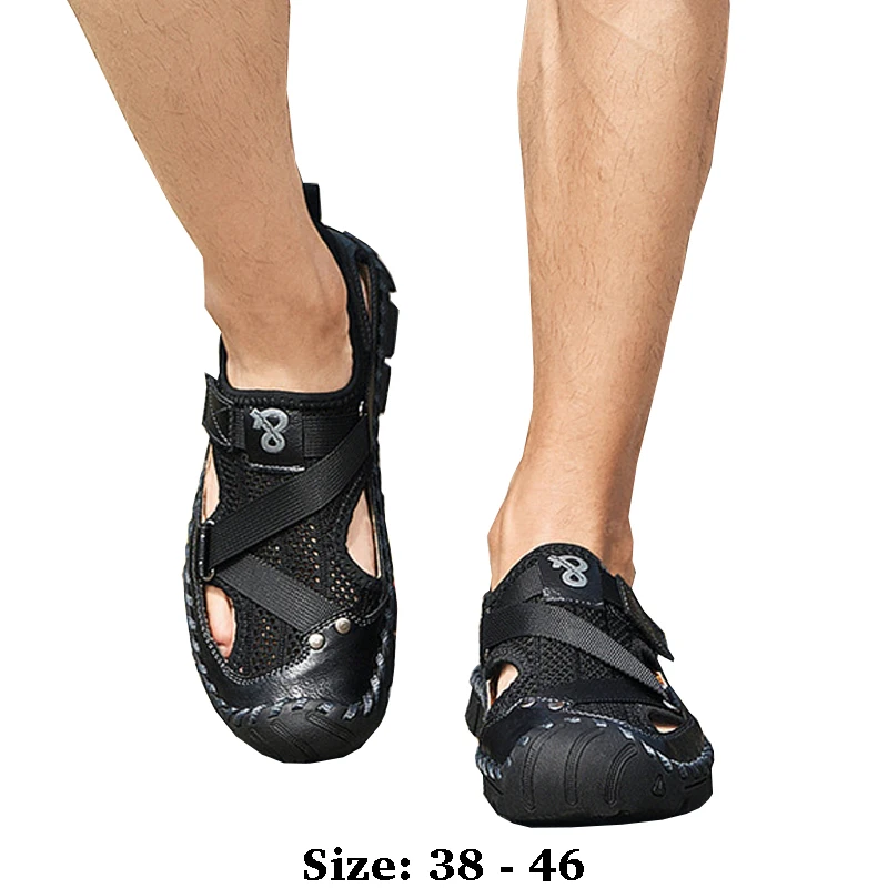 

High quality leather flat sandals for men round toes new summer 2025 size 38 46 casual outdoor walking big size shoe beige grey