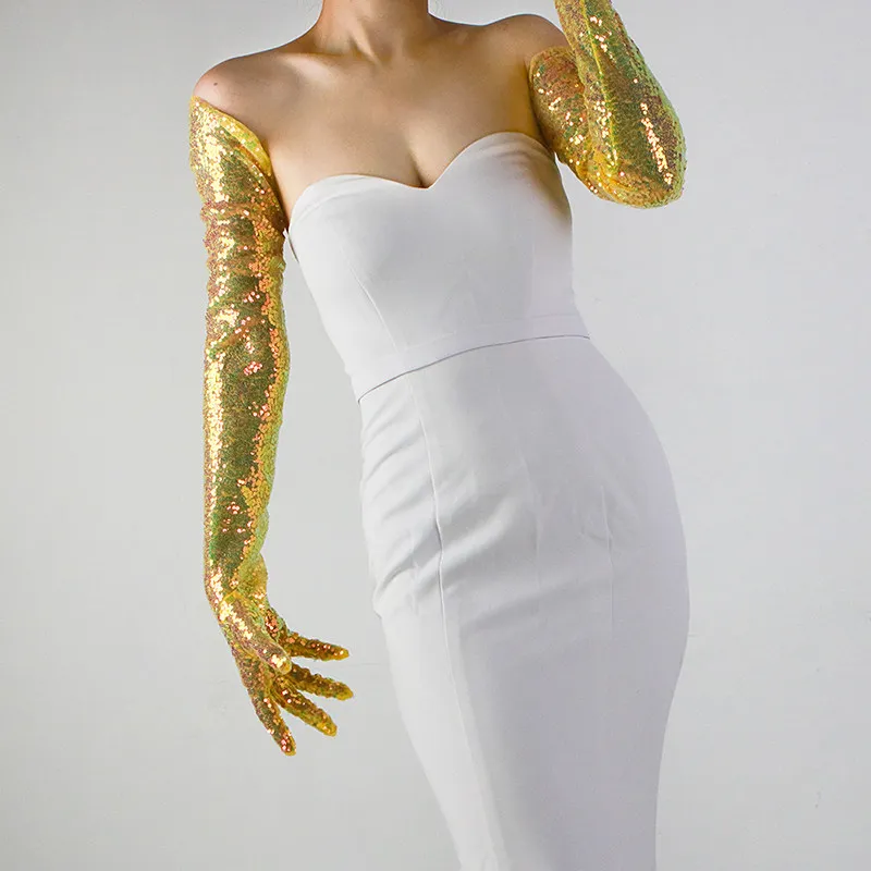 70 cm lange Pailletten-Handschuhe für Damen, Tüll-Spitzen-Mesh, halbtransparent, weiß, technisches Silber, grün, elegante Armstulpen, sexy, leicht – Detail 33