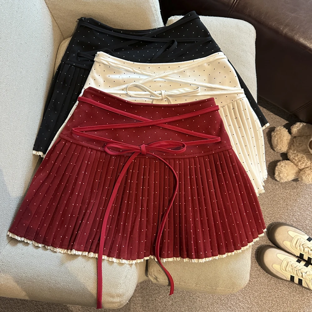 

Vintage New Strap Winter Woolen Polka Dot Pleated Dress Half Skirt Fashion Women's Slimming Temperament Girls Cloths Short Skirt