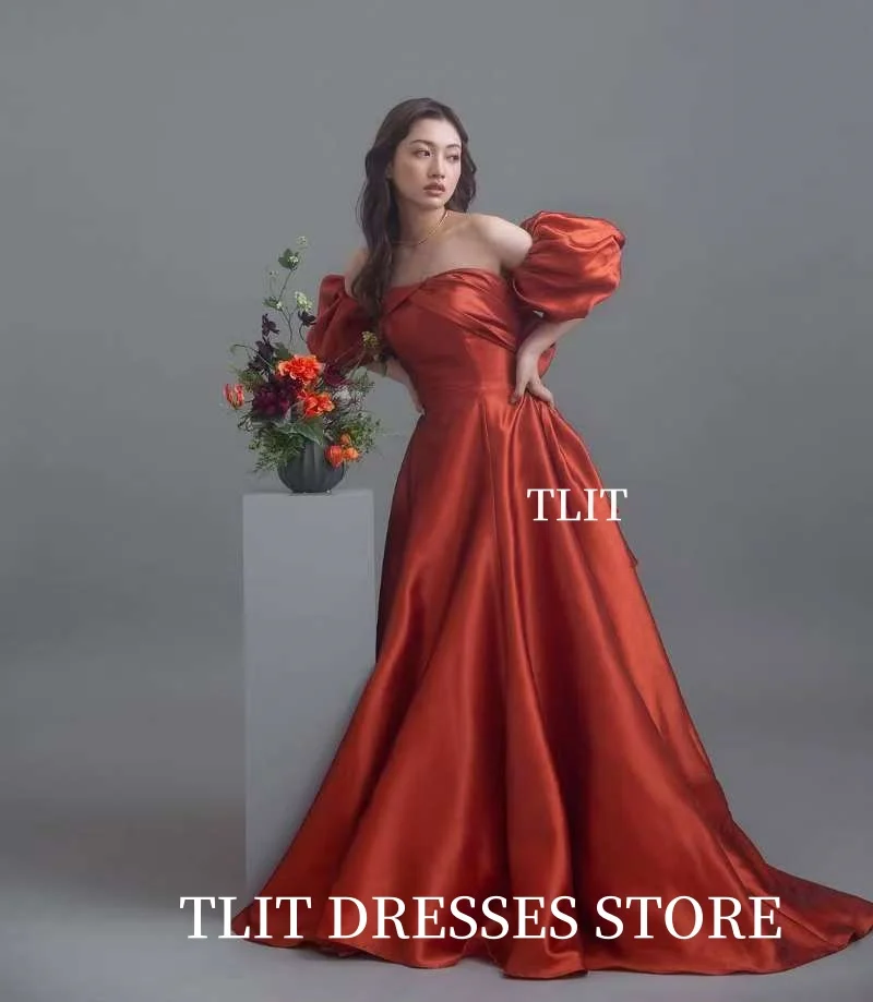 TLIT prosta czerwona satynowa suknia wieczorowa Korea suknia ślubna sesja zdjęciowa bez ramiączek bufiaste rękawy suknia wieczorowa dostosowana suknia do podłogi