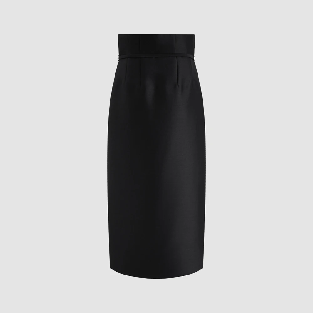 Women Wool‑Blend High Waist Midi Skirt With Belt Wrap Overlay Slit Design Elegant Formal Office Business Party Pencil Skirt