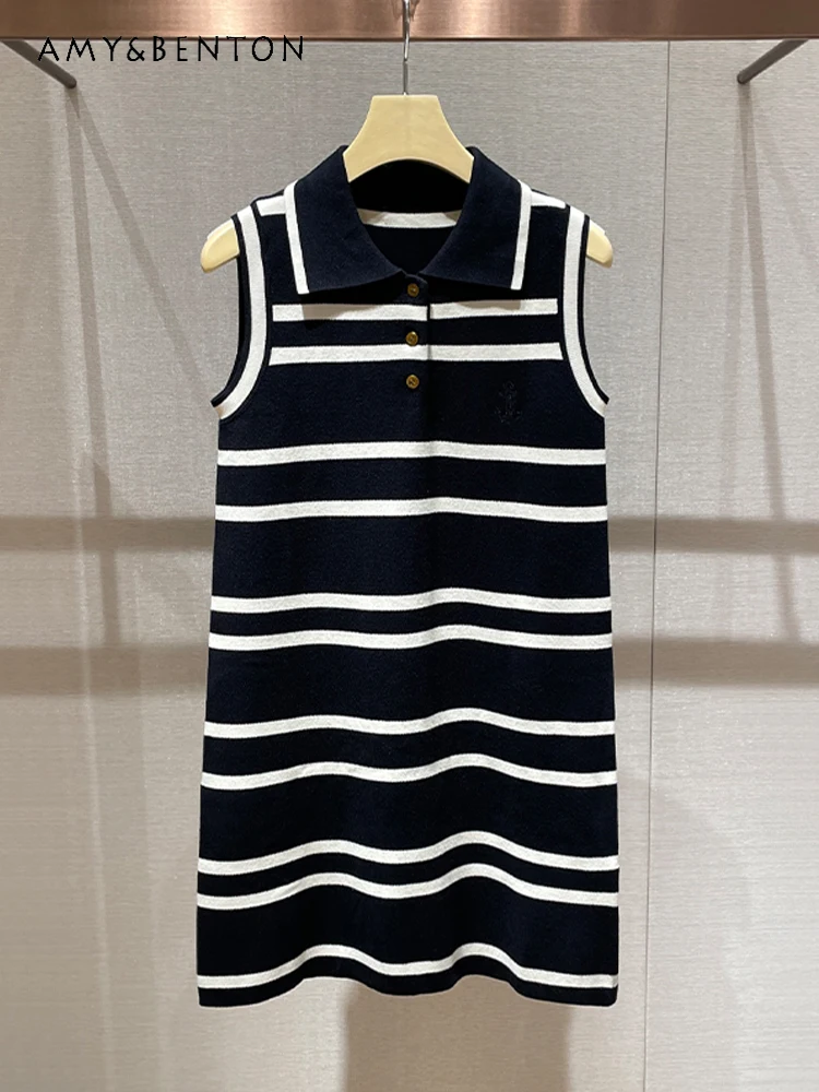 

Commute Style Elegant Slim Sleeveless Dress Summer New Preppy Style High-Grade Contrast Color Striped Knitted A-line Dresses