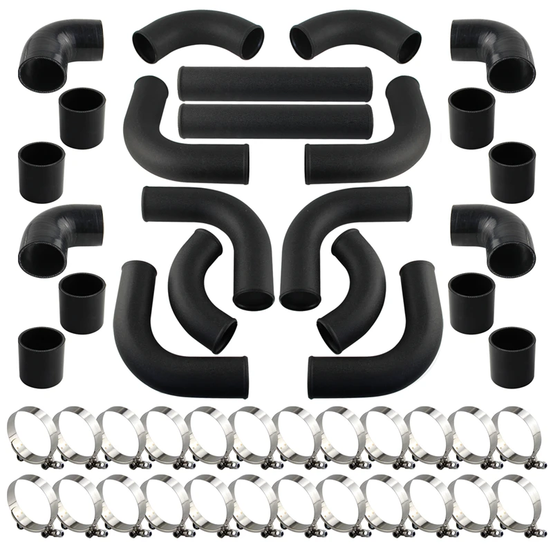 

Universal 2.75" Inch 12Pcs Intercooler Pipe Turbo Kit +T-Bolt Clamps + Blk Silicone Hose Coupler Aluminum Sliver/Black