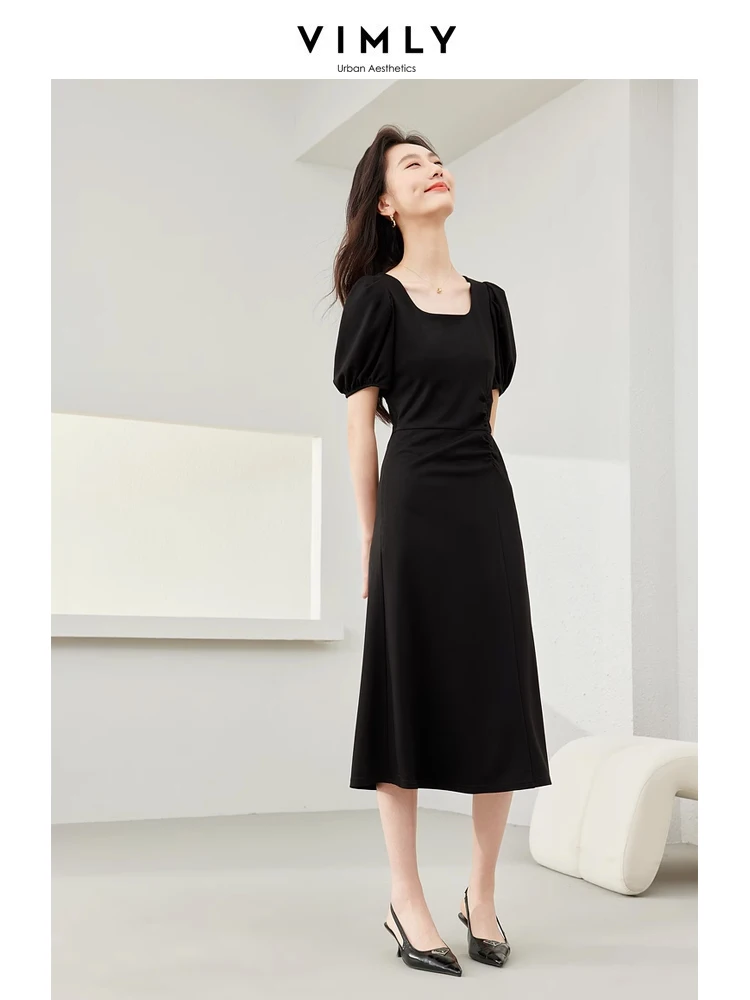 Vimly Summer Black Dress Women 2024 Side Folds Short Puff Sleeve Female Solid Elegant A-line Midi Dresses Woman Clothing M6751