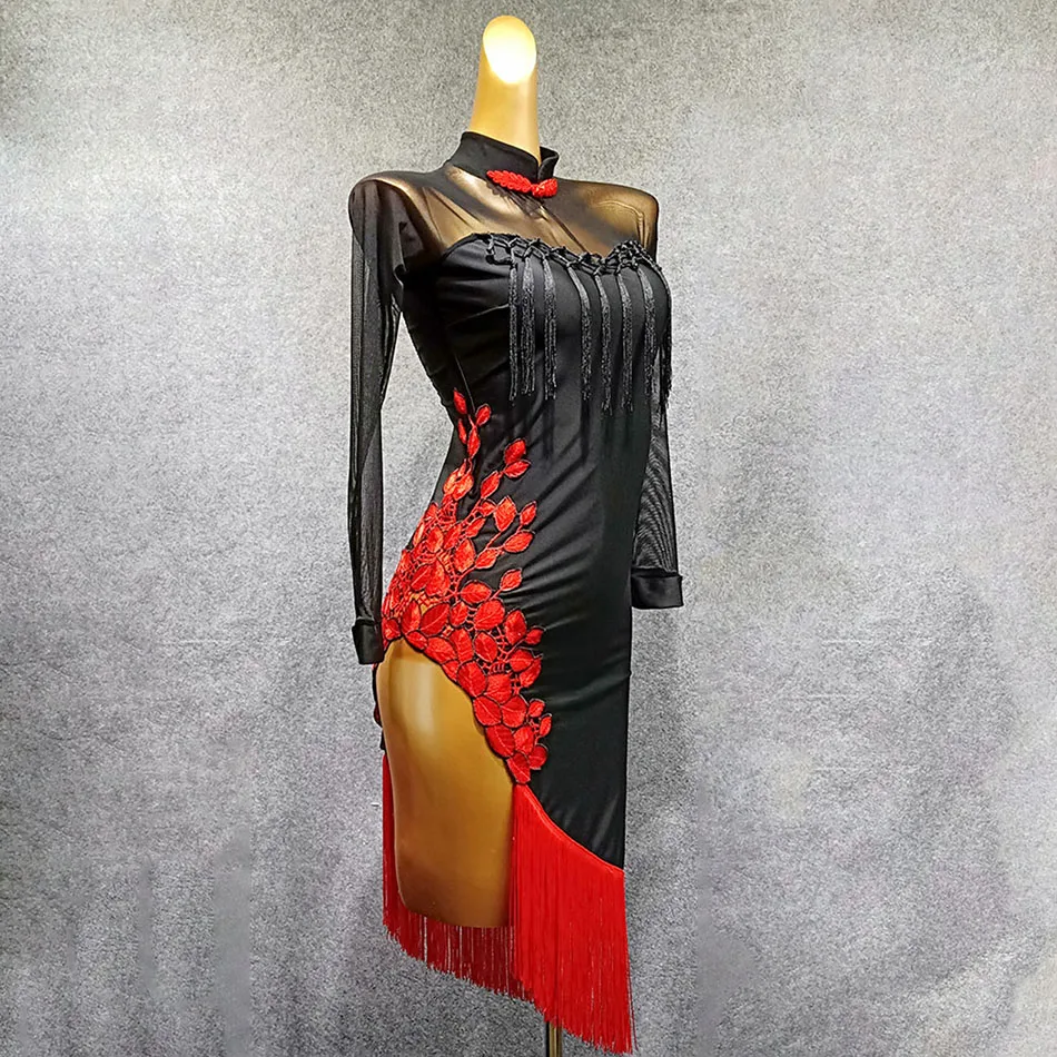 

Long Sleeve Flower And Tassel Latin Dance Dress Dancing Performance Women Fringe Latin Dress Ballroom Samba Tango W252
